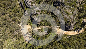 Aerial photograph of the Pierces Pass Lookout carpark near the Grose Valley in the Blue Mountains in Australia