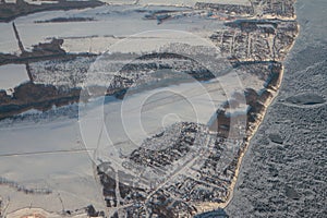 Aerial photograph, settlements of Matyushino and Klyuchishchi on bank of Volga. Kazan, Russia