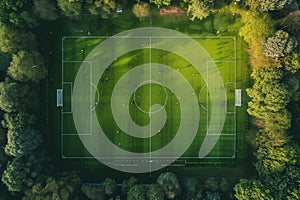 An aerial photograph showcasing a soccer field nestled within a lush forest of trees, An aerial viewpoint of a soccer field during