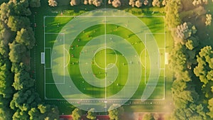 An aerial photograph showcasing a soccer field nestled within a lush forest of trees, An aerial viewpoint of a soccer field during