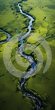 Tranquil Aerial View Of A Majestic River Flowing Through Vibrant Green Landscape photo