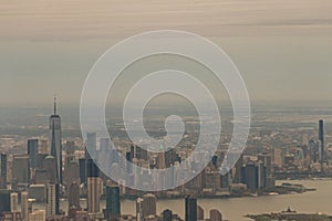 Aerial photograph of the skyline of Lower Manhattan and Jersey City