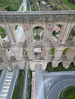 Aerial photograph taken by drone at the Carolino Aqueduct, Caserta, Italy, showcasing a view of the structure