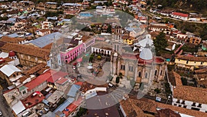 Aerial photographs of the exteriors, details of the Cathedral of Angangueo, Michoacan