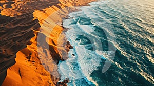 Aerial Photography, aerial view of the Namib Desert meeting the Atlantic Ocean, dramatic interplay of land and sea