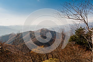 Aerial photography beautiful Mount Nantai and Lake Chuzenji in autumn season, Nikko, Japan