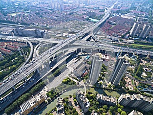 Aerial photography bird-eye view of City viaduct bridge road lan