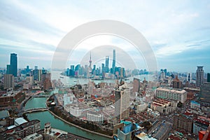 Aerial photography bird view at Shanghai bund Skyline of panorama