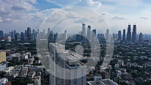 Aerial Photography with Camera drone landscape of Jakarta city blue sky with skyscrapers