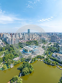 Aerial photography of Chang\'an Park and Longquan Tower in Chang\'an District, Shijiazhuang City, Hebei Province, China