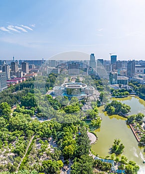 Aerial photography of Chang\'an Park and Longquan Tower in Chang\'an District, Shijiazhuang City, Hebei Province, China