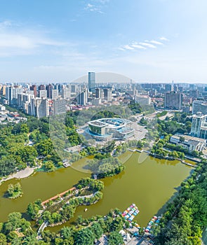 Aerial photography of Chang\'an Park and Longquan Tower in Chang\'an District, Shijiazhuang City, Hebei Province, China