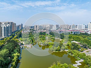 Aerial photography of Chang\'an Park and Longquan Tower in Chang\'an District, Shijiazhuang City, Hebei Province, China