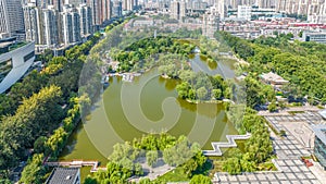 Aerial photography of Chang\'an Park and Longquan Tower in Chang\'an District, Shijiazhuang City, Hebei Province, China