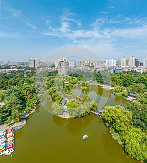 Aerial photography of Chang\'an Park and Longquan Tower in Chang\'an District, Shijiazhuang City, Hebei Province, China