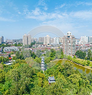 Aerial photography of Chang\'an Park and Longquan Tower in Chang\'an District, Shijiazhuang City, Hebei Province, China