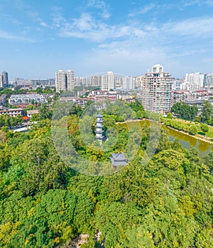 Aerial photography of Chang\'an Park and Longquan Tower in Chang\'an District, Shijiazhuang City, Hebei Province, China