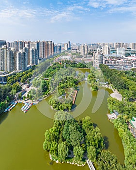 Aerial photography of Chang\'an Park and Longquan Tower in Chang\'an District, Shijiazhuang City, Hebei Province, China