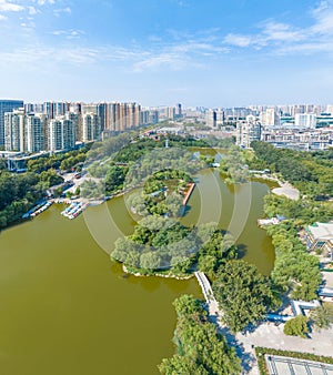 Aerial photography of Chang\'an Park and Longquan Tower in Chang\'an District, Shijiazhuang City, Hebei Province, China