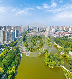 Aerial photography of Chang\'an Park and Longquan Tower in Chang\'an District, Shijiazhuang City, Hebei Province, China