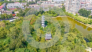 Aerial photography of Chang\'an Park and Longquan Tower in Chang\'an District, Shijiazhuang City, Hebei Province, China