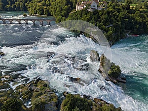 Aerial photography with drone over Rhine Falls with powerful current
