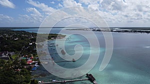 aerial photography with drone, pier on the shore of the sea of ??Bacalar in Mexico