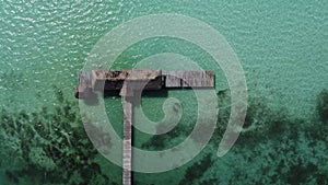 aerial photography with drone, pier on the shore of the sea of ??Bacalar in Mexico