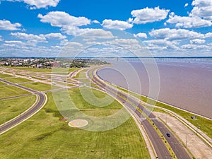 Aerial photography of Encarnacion in Paraguay overlooking the bridge to Posadas in Argentina.