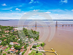 Aerial photography of Encarnacion in Paraguay overlooking the bridge to Posadas in Argentina.