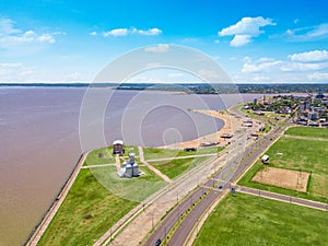 Aerial photography of Encarnacion in Paraguay overlooking the San Jose beach.