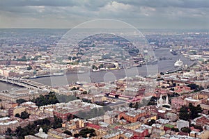 Aerial Photography a European city, divided navigable river.