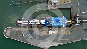 Aerial view of a ferry boat in Calais port, France photo