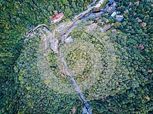 Aerial photography of forest mountain stream buildings in Longsheng, Guangxi, China