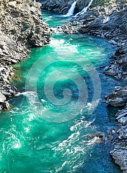 Aerial photography of the Kawarau river flowing through the Kawarau Gorge near Queenstown