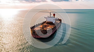 Aerial Photography Of Large Rusty Cargo Ship Sailing In The Ocean