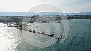 Aerial photography of the lighthouse on the pier on lake Geneva in Switzerland