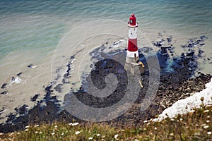 Aerial photography of a lighthouse and sea near Beachy Head in E