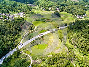 Aerial photography of magnificent scenery of blue sky and green mountains at Kunlun Pass in Nanning, Guangxi, China