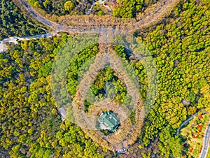 Aerial photography of Meiling Palace Scenic Spot in Nanjing City, Jiangsu Province, China and the Nanjing urban building complex