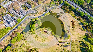 Aerial photography of Meiling Palace Scenic Spot in Nanjing City, Jiangsu Province, China and the Nanjing urban building complex