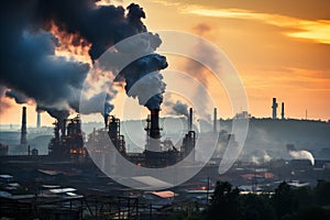 Aerial photography of metallurgical plant at dawn emitting smoke and smog, causing bad ecology