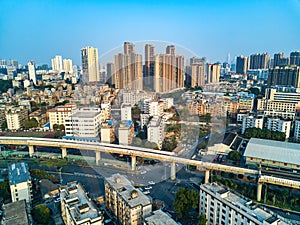 Aerial photography of Nanning city, Guangxi, China, intersection of railway and highway viaduct