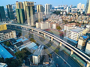 Aerial photography of Nanning city, Guangxi, China, intersection of railway and highway viaduct