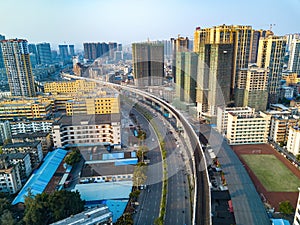 Aerial photography of Nanning city, Guangxi, China, intersection of railway and highway viaduct