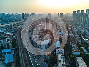 Aerial photography of Nanning city, Guangxi, China, intersection of railway and highway viaduct