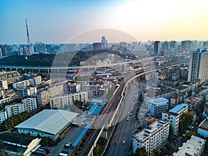 Aerial photography of Nanning city, Guangxi, China, intersection of railway and highway viaduct