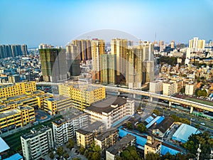 Aerial photography of Nanning city, Guangxi, China, intersection of railway and highway viaduct