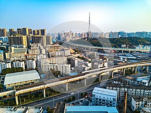 Aerial photography of Nanning city, Guangxi, China, intersection of railway and highway viaduct