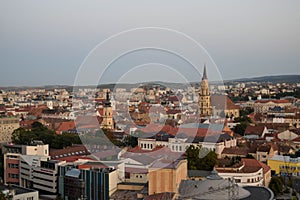 Aerial photography over the town center at the sunset. Sfantul Mihail Church,located in the